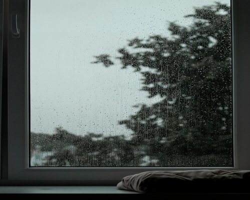 Calm rainy afternoon viewed through a window with a hot beverage